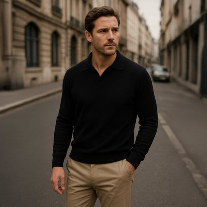 Men's Knitted Long Sleeve Polo Sweater Open Collar