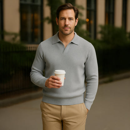 Men's Knitted Long Sleeve Polo Sweater Open Collar