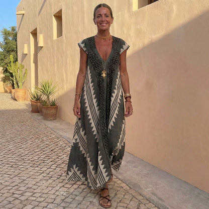 Bohemian A-Line Maxi Dress V-Neck Geometric Print