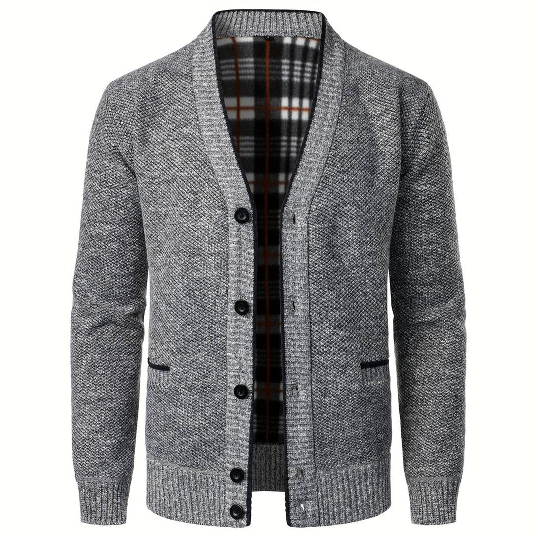 Men's V-Neck Cardigan Plaid Lining Side Pockets - Vonnera