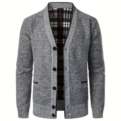 Men's V-Neck Cardigan Plaid Lining Side Pockets - Vonnera