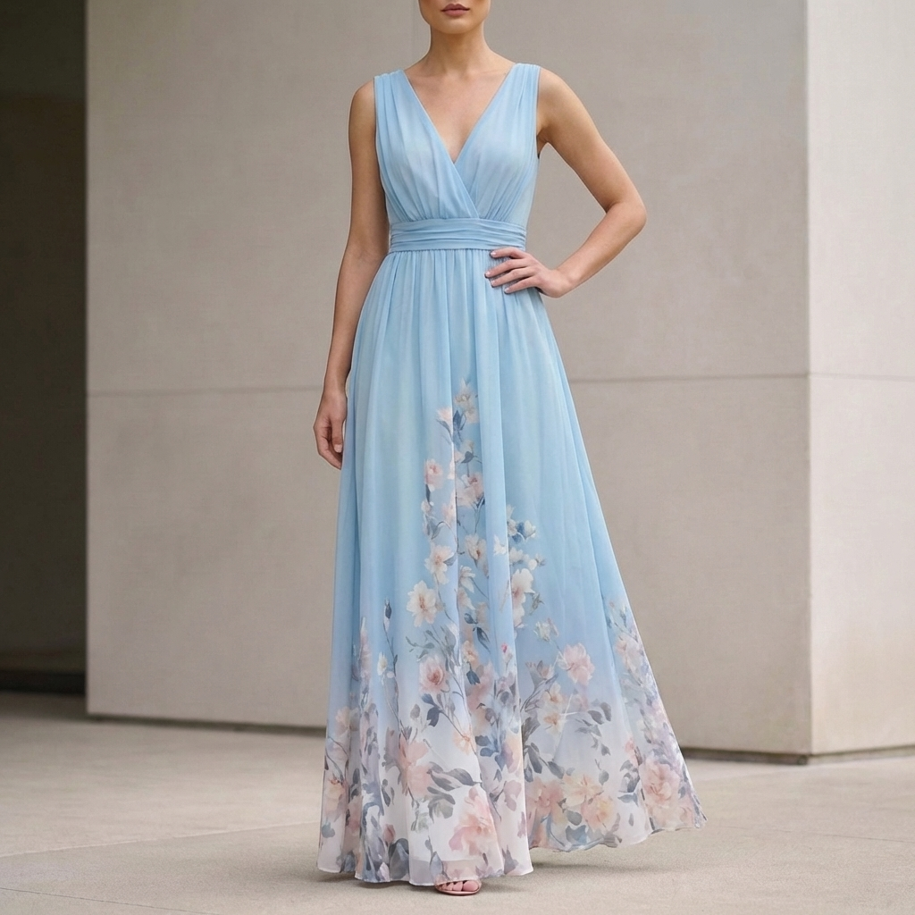 Women's Chiffon Maxi Dress V-Neck Floral - Vonnera