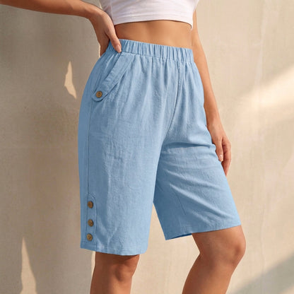 Women's High-Waist Knee-Length Shorts Button Accents