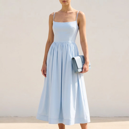 Women's A-Line Midi Dress Fitted Bodice Spaghetti Straps
