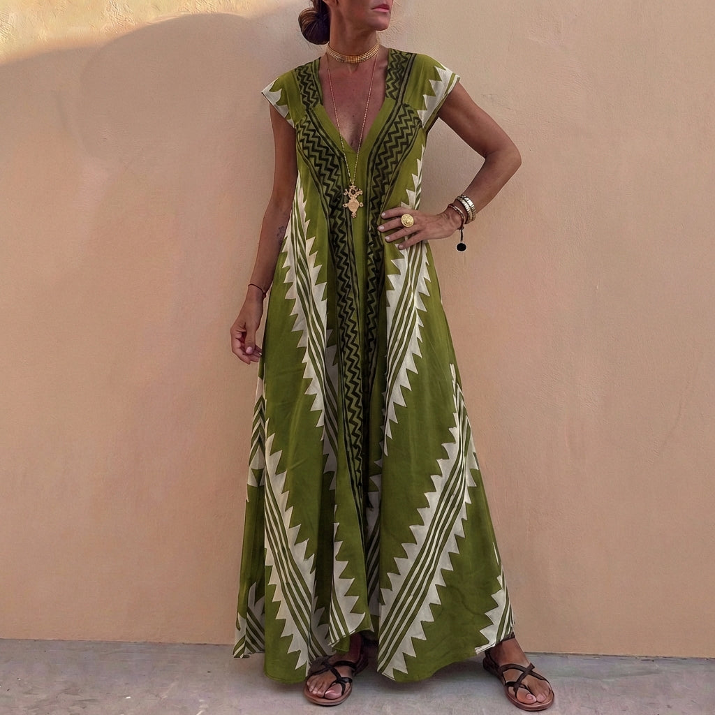 Bohemian A-Line Maxi Dress V-Neck Geometric Print