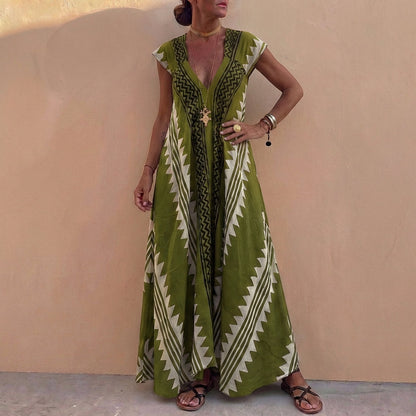 Bohemian A-Line Maxi Dress V-Neck Geometric Print