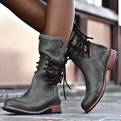 Women's Vintage Mid-Calf Boots Studded Low Heel