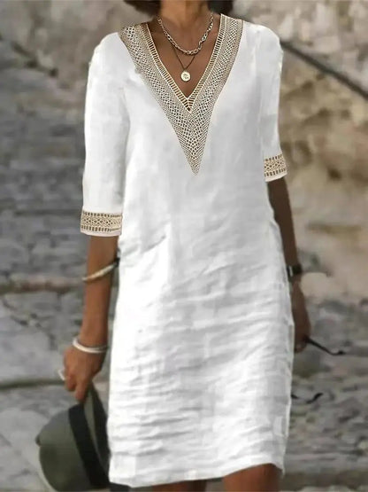 Women's Linen V-Neck Dress Comfortable - Vonnera