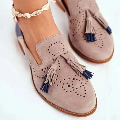 Men's Suede Loafers Perforated Dual Tassels Brown