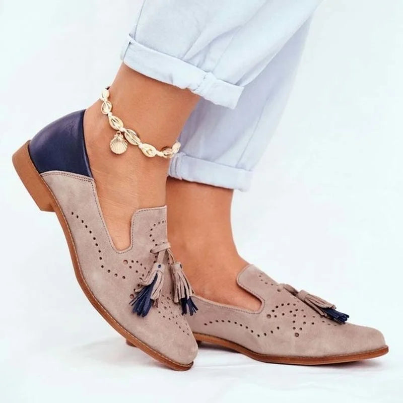 Men's Suede Loafers Perforated Dual Tassels Brown