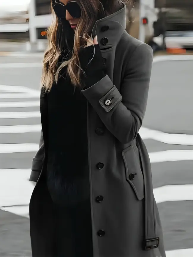 Women's Longline Coat High Collar Elegant Black - Vonnera