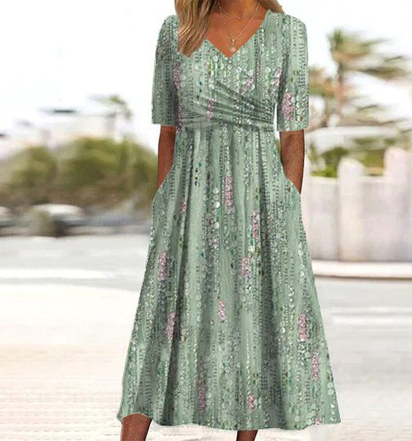 Women's High-Waist V-Neck Floral Dress - Vonnera