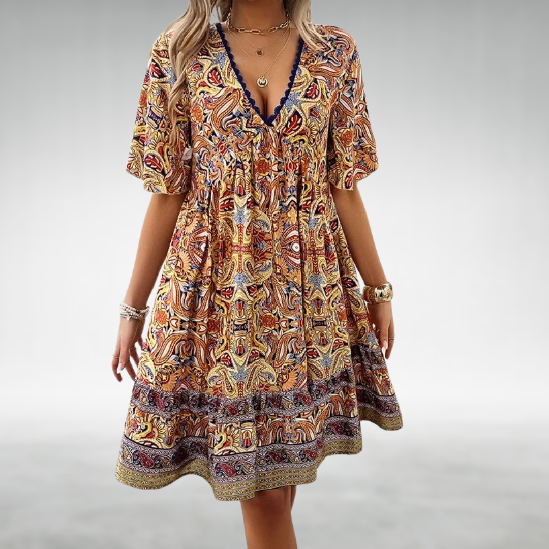 Women's Paisley Mini Dress Cotton Boho Style - Vonnera