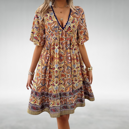 Women's Paisley Mini Dress Cotton Boho Style - Vonnera