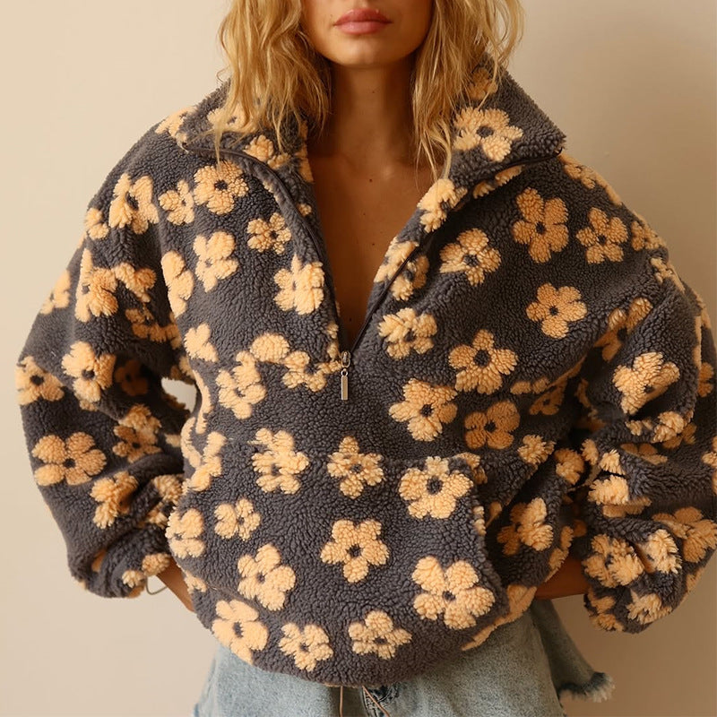 Women's Quarter-Zip Floral Sweater