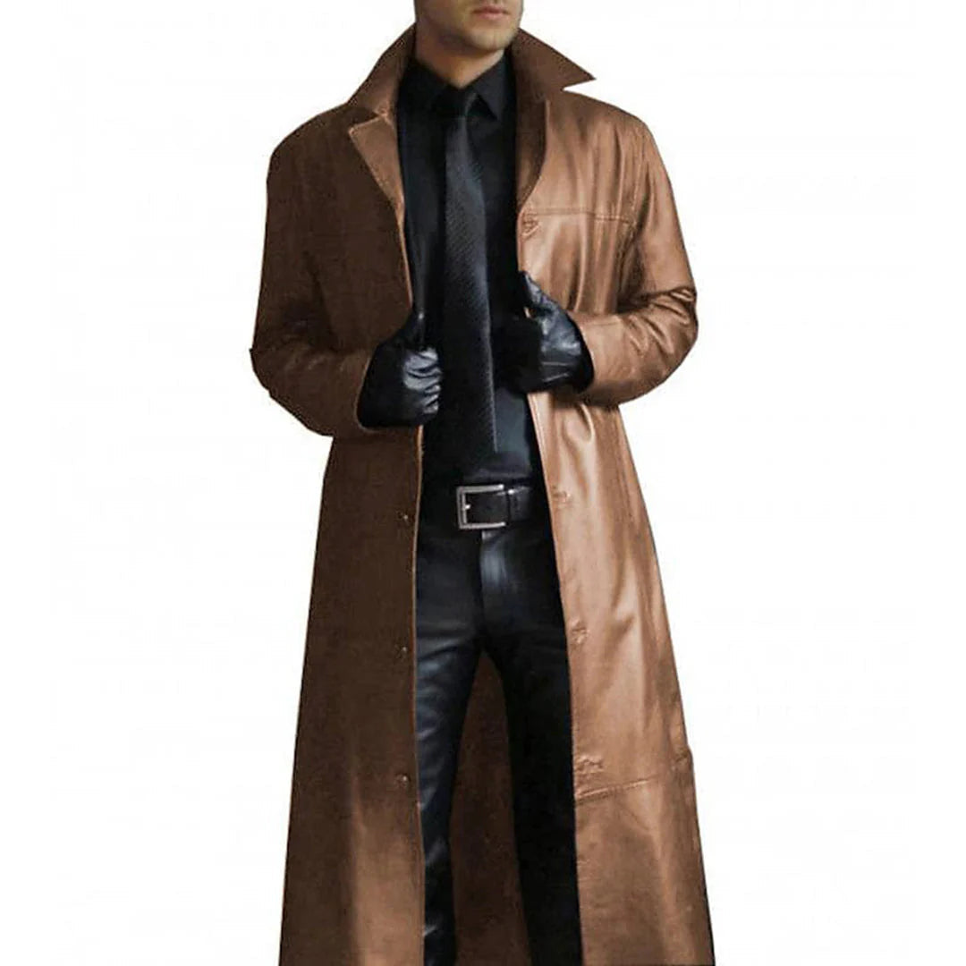 Men's Faux Leather Long Winter Coat