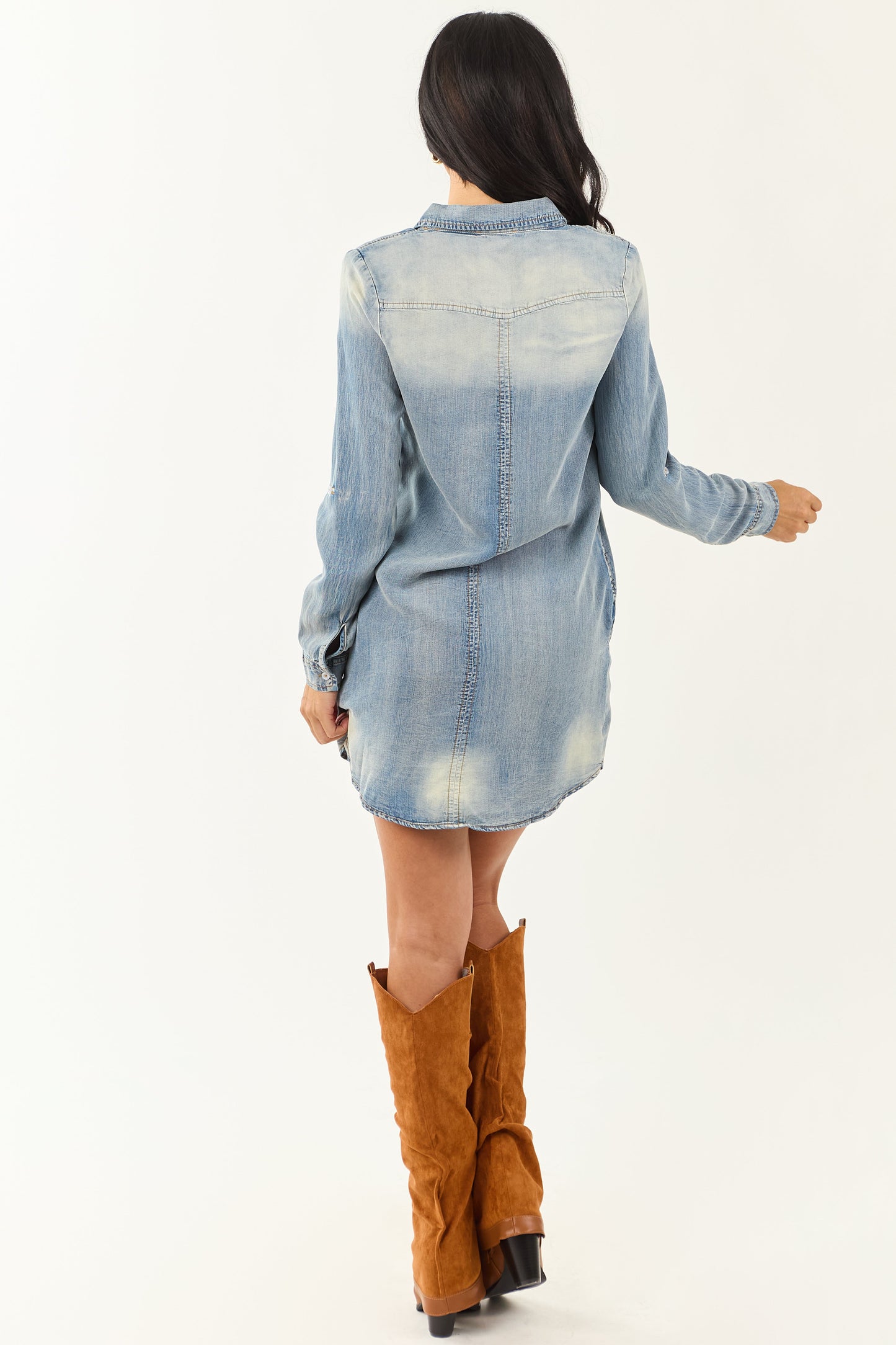 Women's Chambray Mini Dress Vintage Blue Button Down