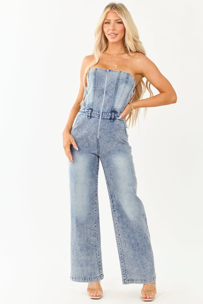 Women's Strapless Wide Leg Jumpsuit Medium Wash Denim - Vonnera