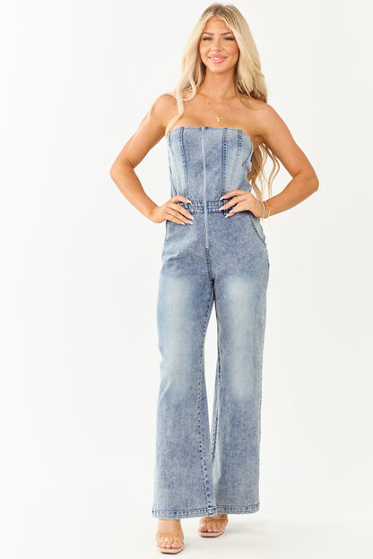 Women's Strapless Wide Leg Jumpsuit Medium Wash Denim