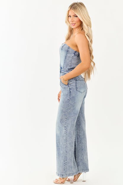 Women's Strapless Wide Leg Jumpsuit Medium Wash Denim