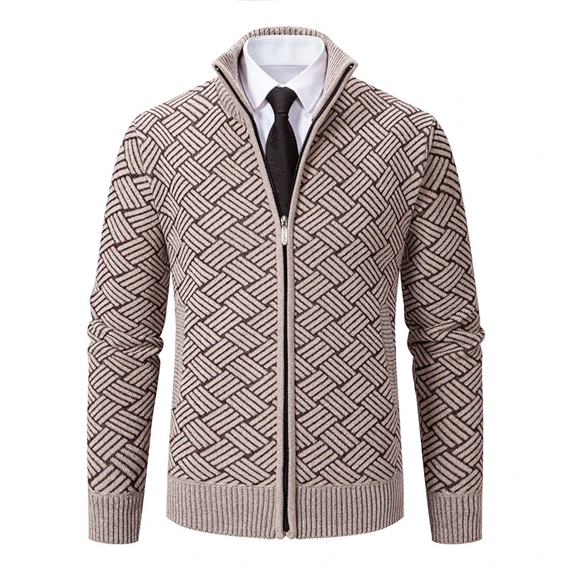 Men's Geometric Knit Cardigan Polyester Zip-Up High Collar Regular Fit - Vonnera