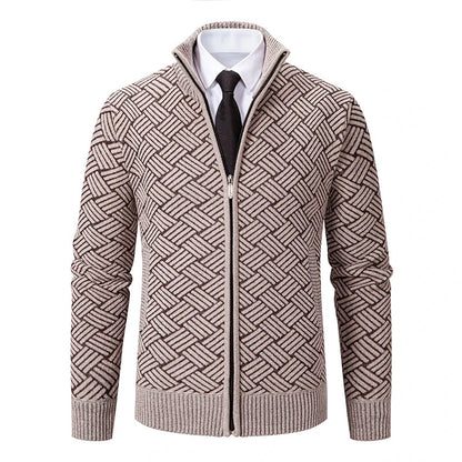 Men's Geometric Knit Cardigan Polyester Zip-Up High Collar Regular Fit - Vonnera