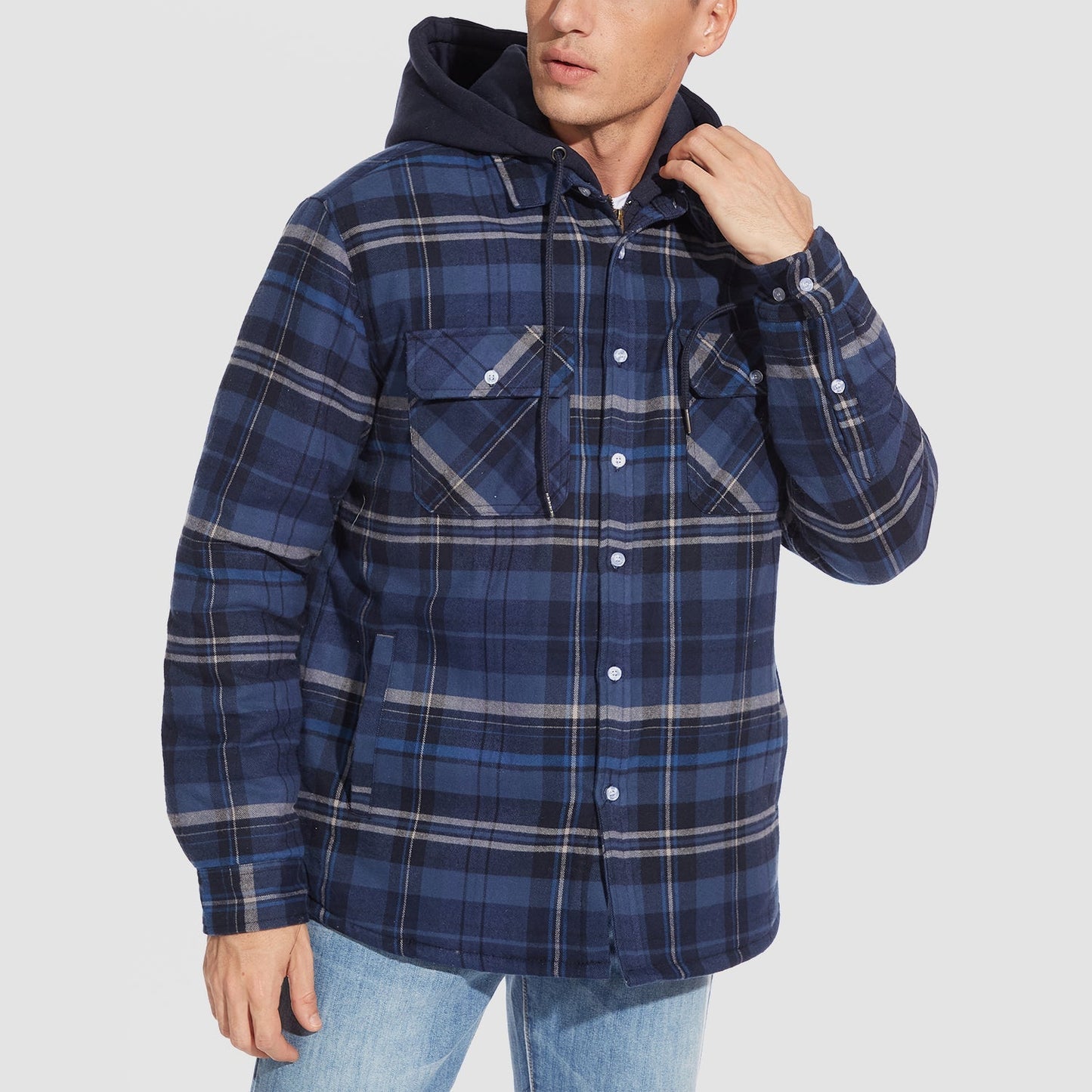 Men's Flannel Jacket Removable Hood 5 Pocket
