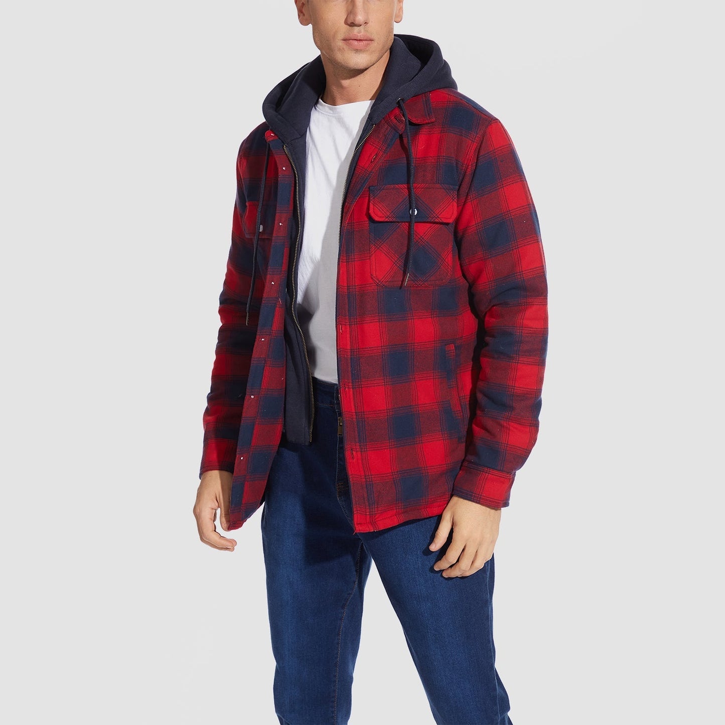 Men's Flannel Jacket Removable Hood 5 Pocket