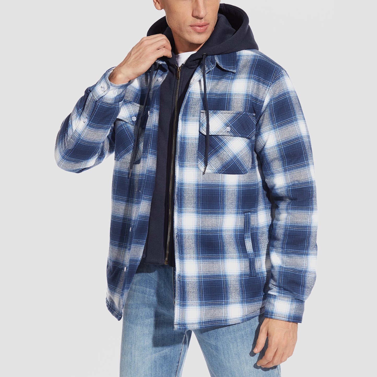 Men's Flannel Jacket Removable Hood 5 Pocket