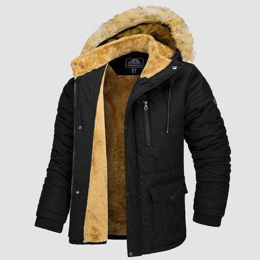 Men's Fleece-Lined Parka Jacket Warm Puffer Black - Vonnera