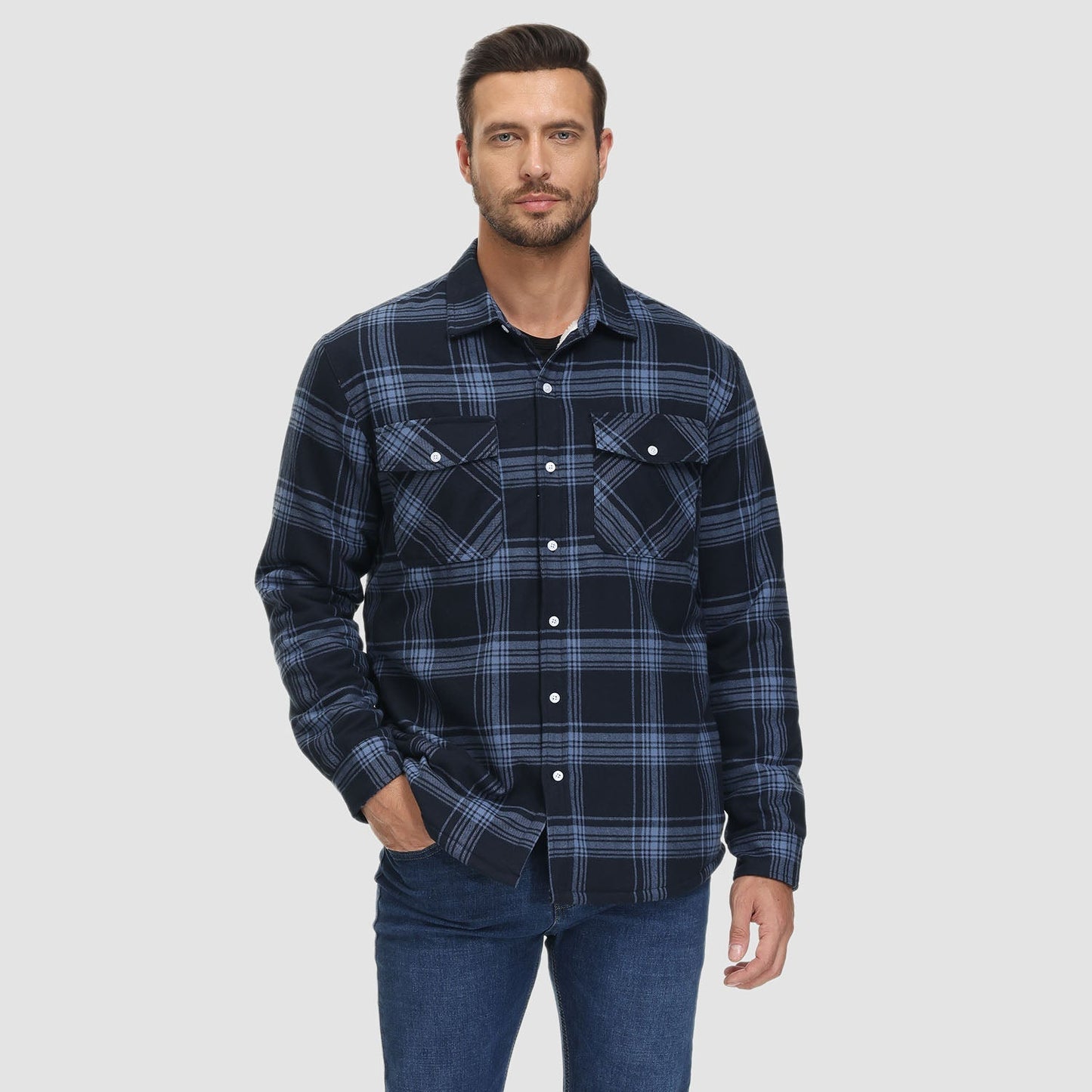 Men's Flannel Shirt Jacket Fleece Lined Cotton Warm Navy