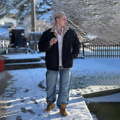 Men's Sherpa Lined Jacket Multiple Pockets Warm Black