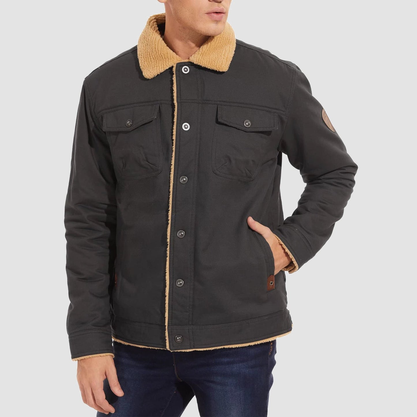 Men's Sherpa Lined Jacket Multiple Pockets Warm Black