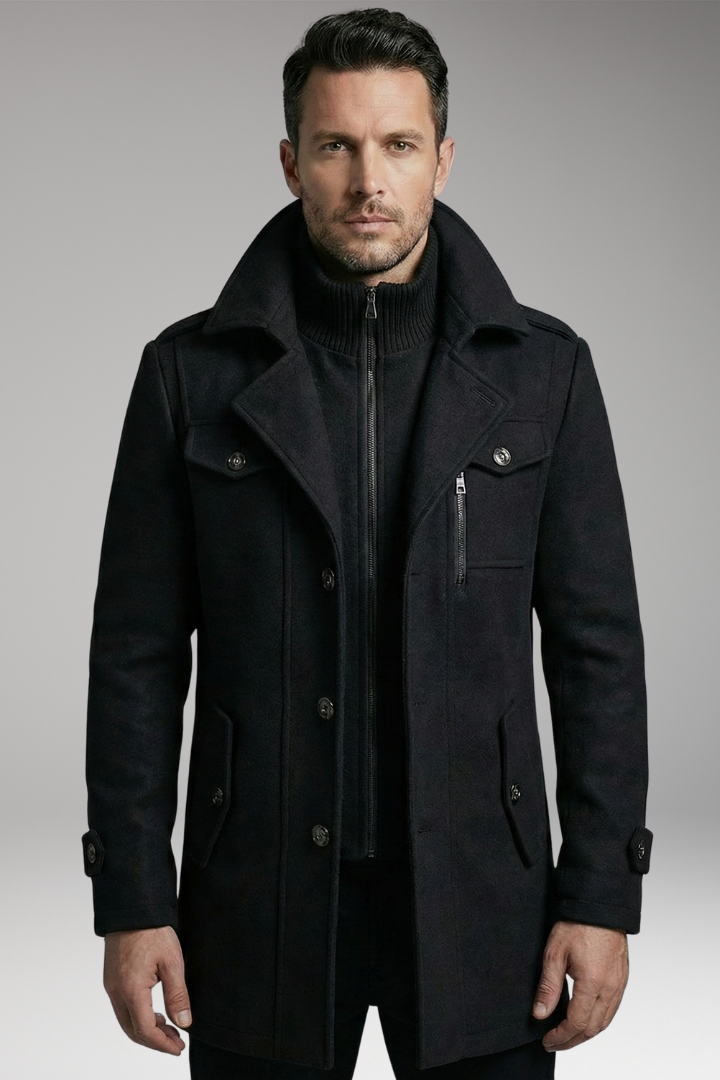 Men's Wool Blend Overcoat Zipper Button Closure