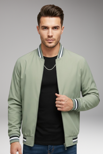 Men's Zipper Bomber Jacket Ribbed Sleeves