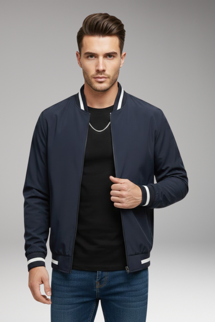 Men's Zipper Bomber Jacket Ribbed Sleeves