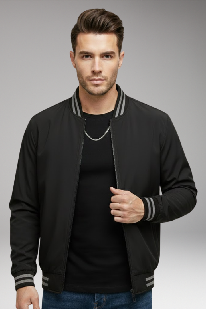 Men's Zipper Bomber Jacket Ribbed Sleeves
