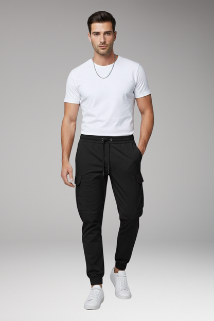 Men's Cargo Jogger Pants Elastic Drawstring Black