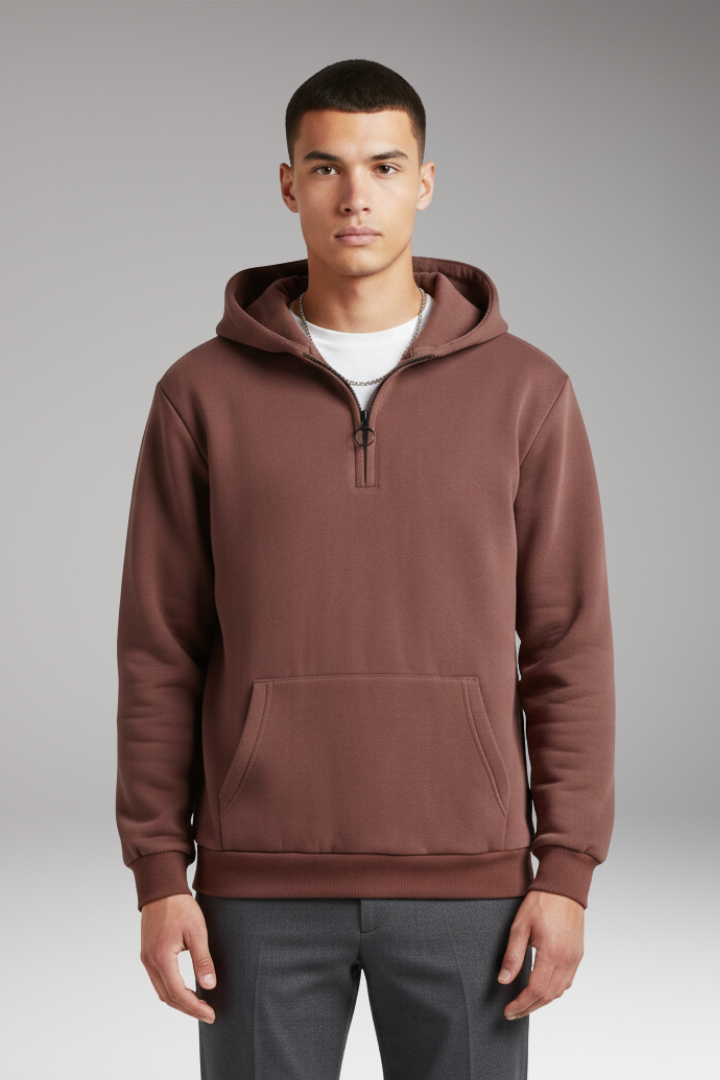 Men's Half-Zip Hoodie Cotton Front Pocket Grey