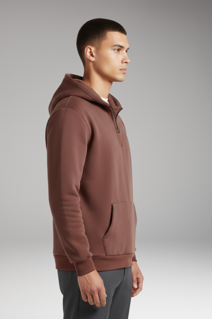Men's Half-Zip Hoodie Cotton Front Pocket Grey
