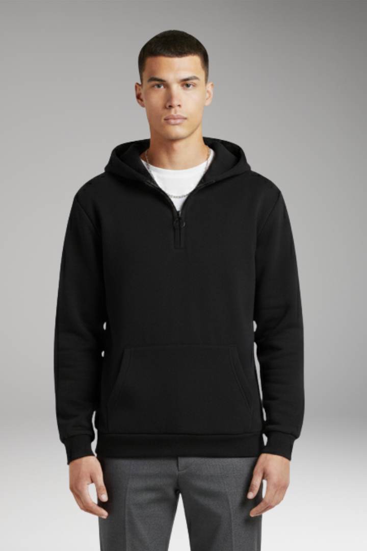 Men's Half-Zip Hoodie Cotton Front Pocket Grey