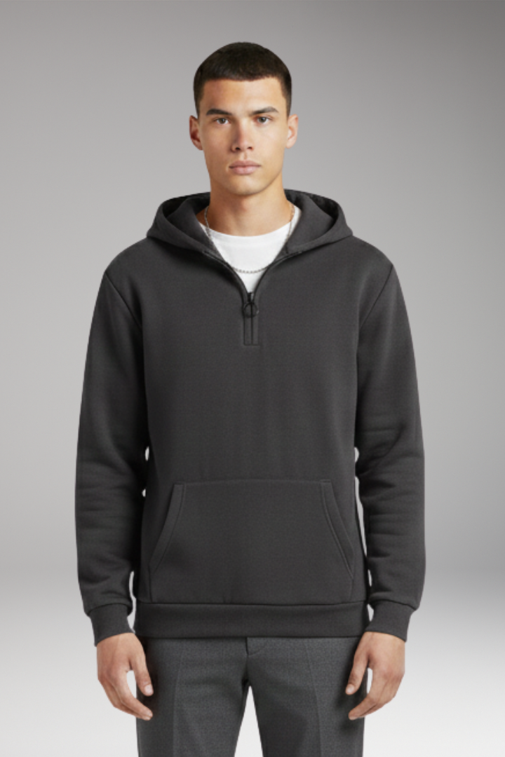 Men's Half-Zip Hoodie Cotton Front Pocket Grey