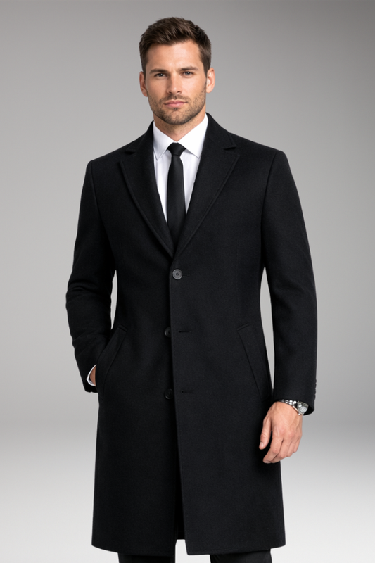 Men's Long Coat Notched Collar Side Pockets