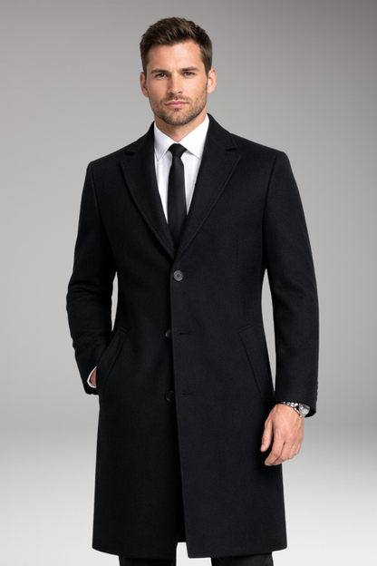 Men's Long Coat Notched Collar Side Pockets