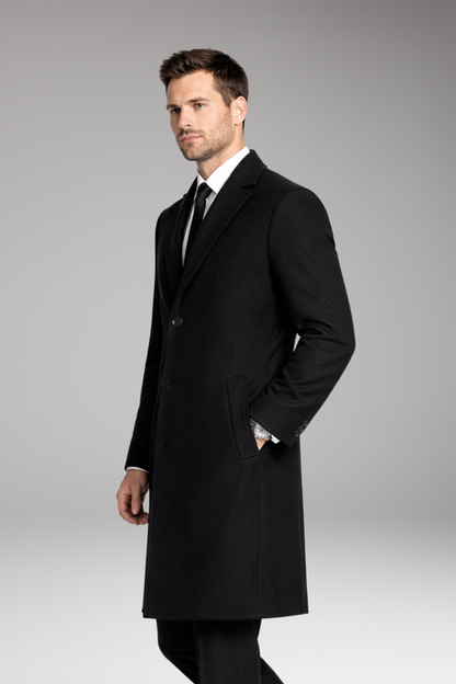 Men's Long Coat Notched Collar Side Pockets