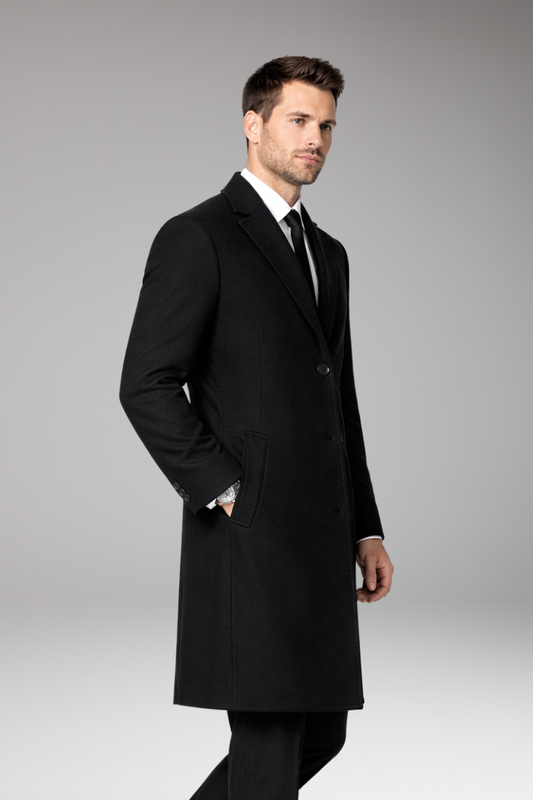 Men's Long Coat Notched Collar Side Pockets