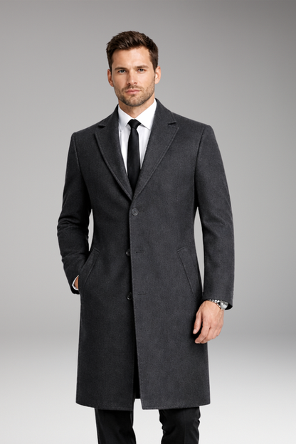 Men's Long Coat Notched Collar Side Pockets