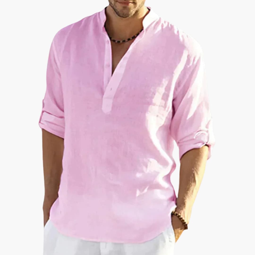 Men's Roll Up Sleeve Shirt Mandarin Collar Cotton