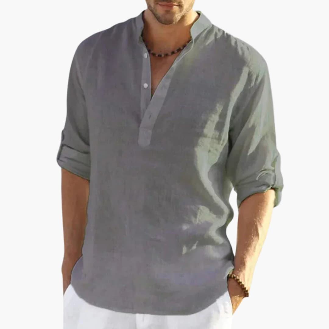 Men's Roll Up Sleeve Shirt Mandarin Collar Cotton