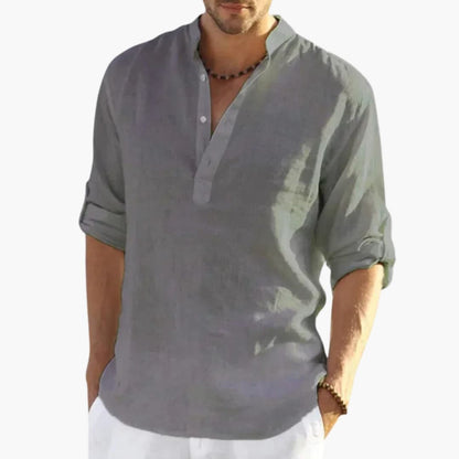 Men's Roll Up Sleeve Shirt Mandarin Collar Cotton